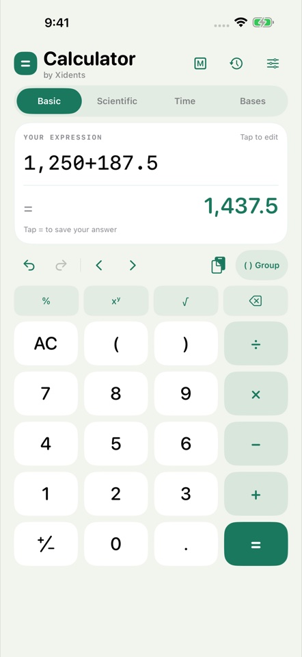 Xidents Calc showing the editable expression 1,250 + 187.5 and live result 1,437.5.