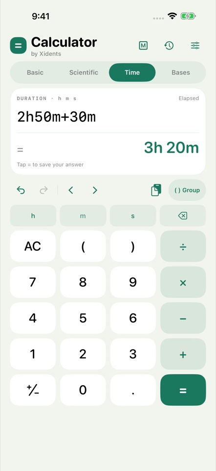 Time mode displaying 2h50m + 30m = 3h20m.